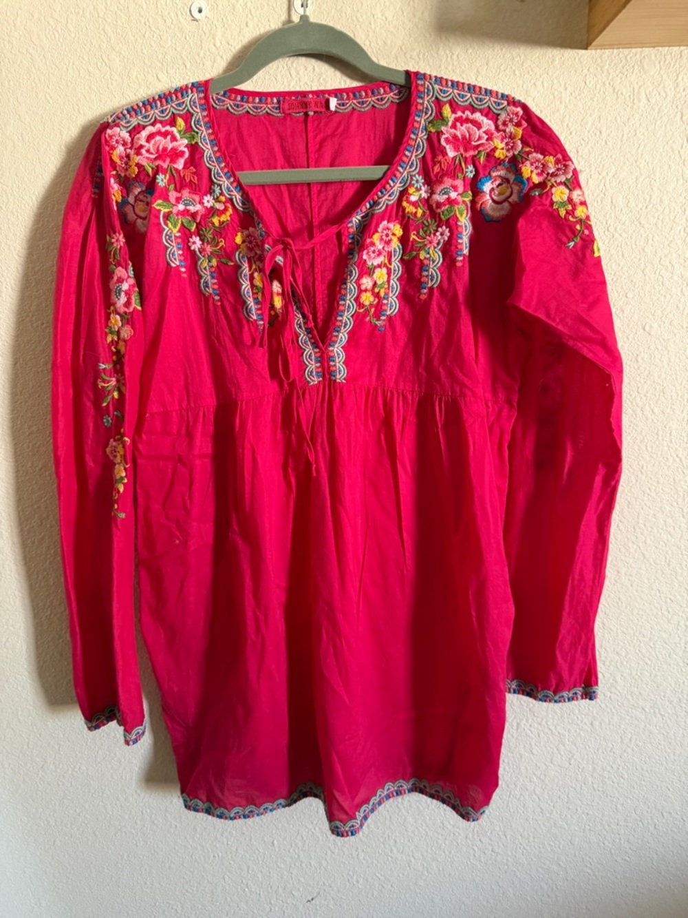 Johnny Was Hot Pink Embroidered Peasant Tunic